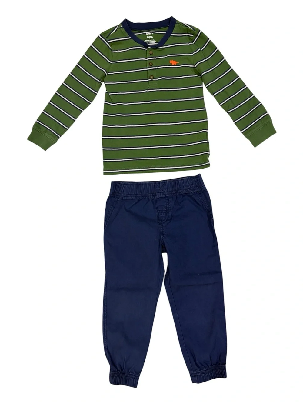2 For $15 Carter's Striped Dino Henley Top & Navy Pants Outfit Set Size 3T